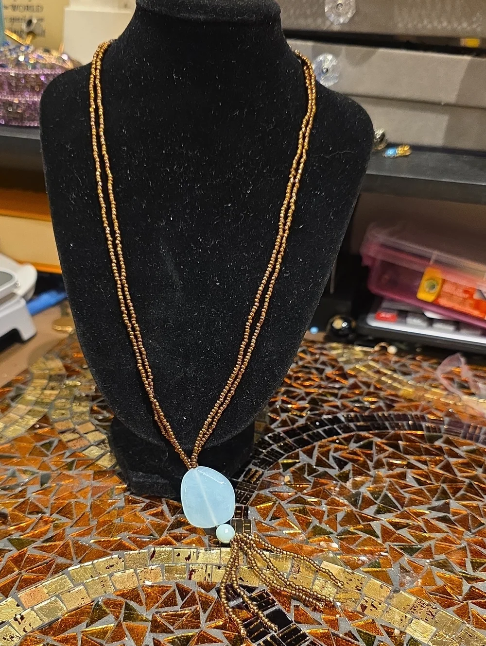 Cookie Lee Brown Beaded Necklace with Light Blue Pendant
